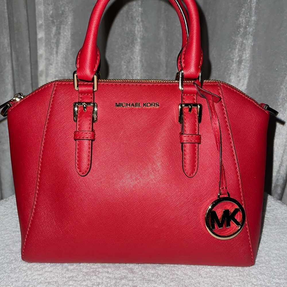 Michael Kors Red  Saffiano Leather Satchel Top Handle Bag W/Gold Hardware